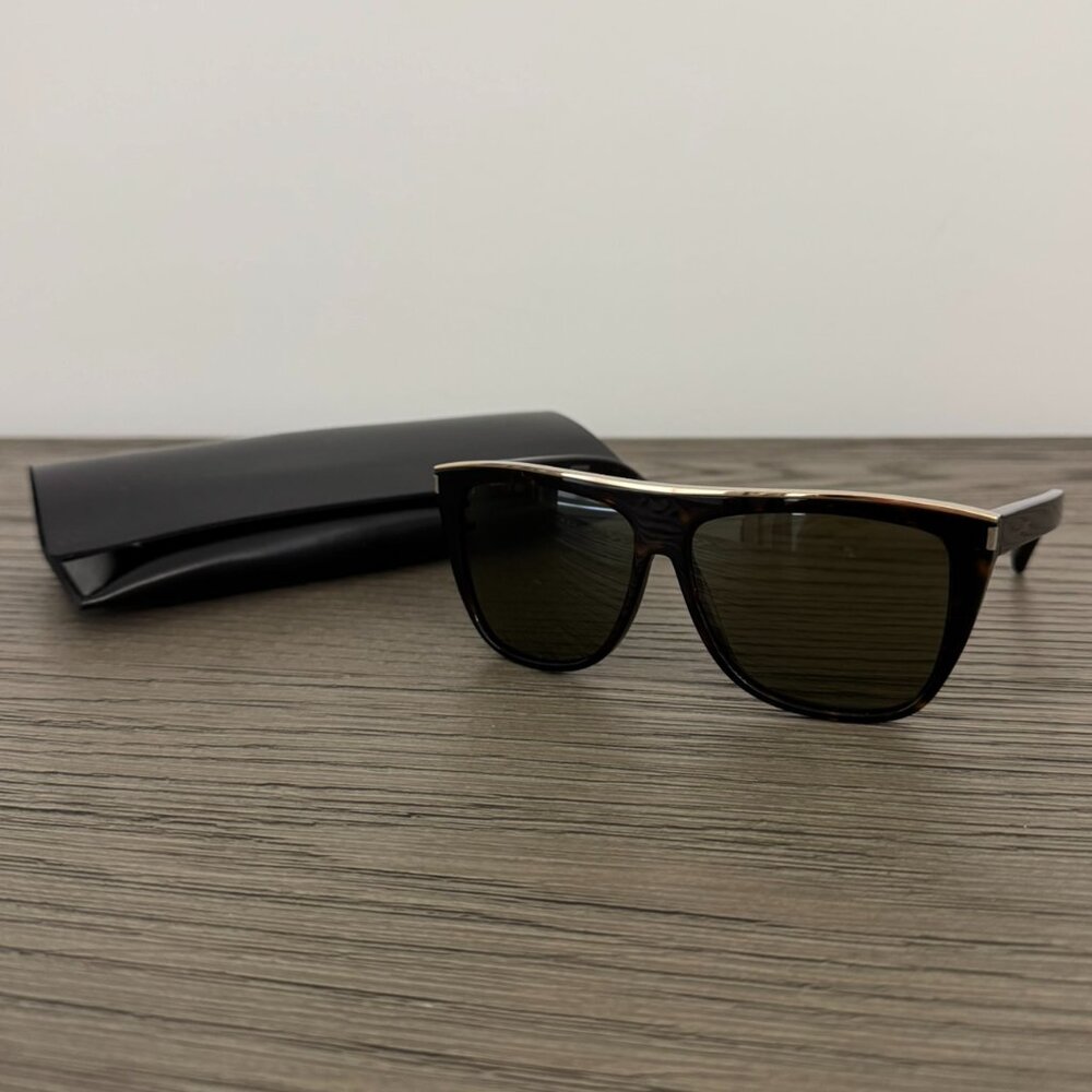 SAINT LAURENT Women's Tortoise Sunglasses with Top Gold Detail & Leather Case